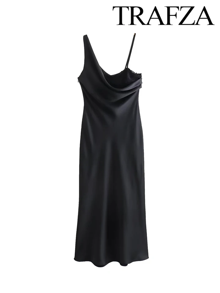 Traf Dámska čierna čipka upravená asymetrickým ohláňovačom skladaným V-krkom backless Party Dress hodvábny textúrovaný spodná bielizeň v štýle dlhé šaty