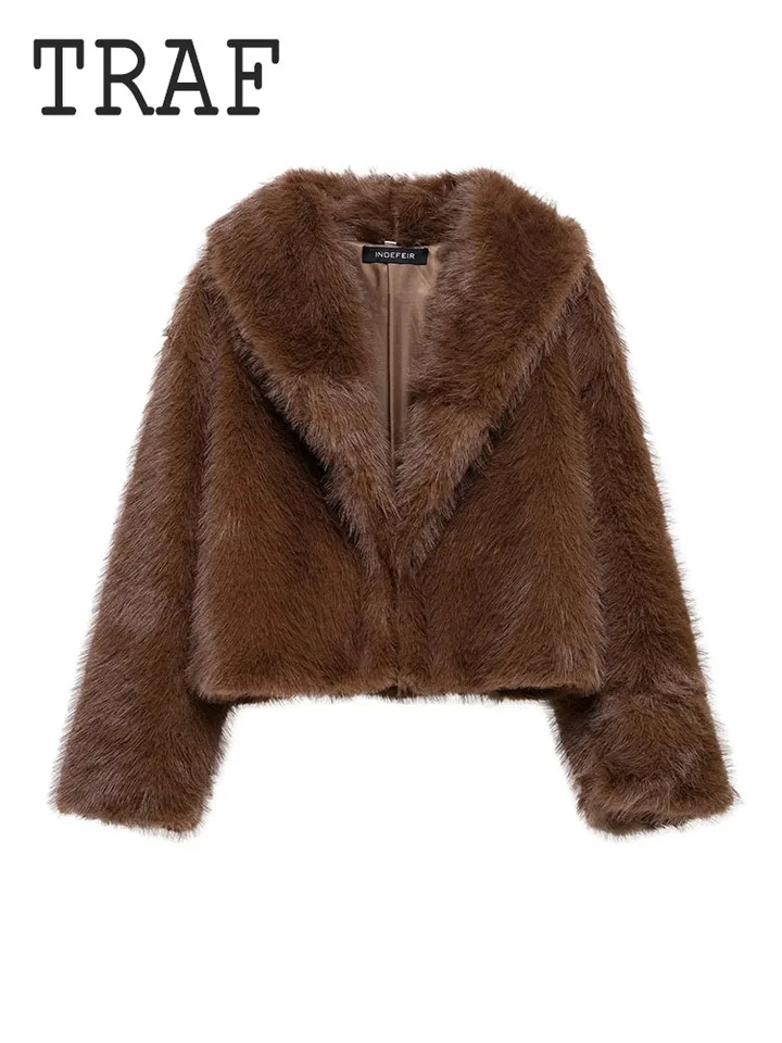 TRAF faux Fur Fur Warm Winter Bundy pre ženy 2024 Jesenný orezaný kabát Elegantný plyšový rukáv s dlhým rukávom Nové vo vonkajších odevoch