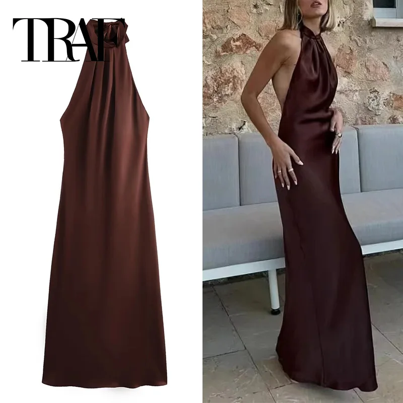 Traf halter saténové šaty Žena z ramena dlhé šaty Dlhé šaty Ženy bez rukávov Elegantné párty šaty letné večerné šaty