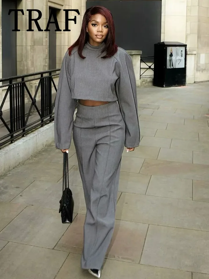 Traf Loose Straight Pants Sady pre ženy 2 kusy 2024 Nový módny krátky Top Casual Women Suit Two -Piece Set Women Outfit