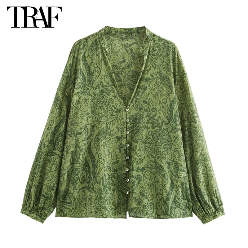 Traf Metallic Tlače pre ženy letné letné dámske tričko boho plážová blúzka Žena s dlhým rukávom gombíky na tričko Žena