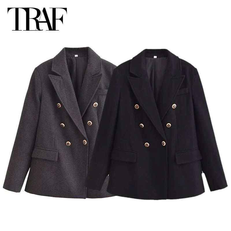 Traf Office Wear Wink's Blazer Black Tweed Outerwears Darkgrey Doubleted s dlhým rukávom Top elegantný dámsky sako 2025