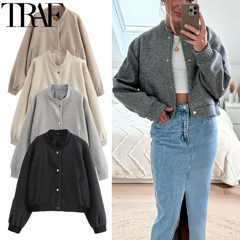 Traf orezané bombardované bundy pre ženy jeseň s dlhým rukávom baseball bunda módne zimné gombíky letec letecké bundy streetwear