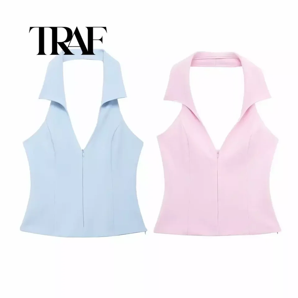 Traf Retro Halter Women Women Crop Top Set Sexy V-krk backless bez rukávov Tank Top letná ulica Lady outfit Trafshe Traf Oficiálny