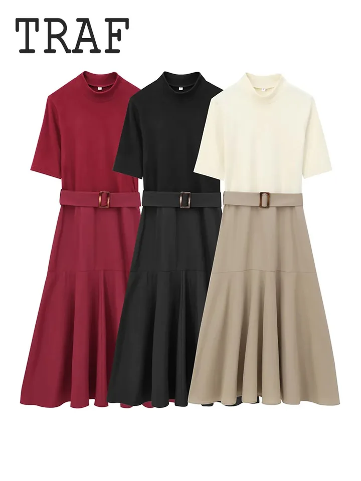 Traf Soft Texture Woman Šaty móda s pásom dlhé šaty pre ženy elegantný dámsky štýl Solid Color Dámske šaty