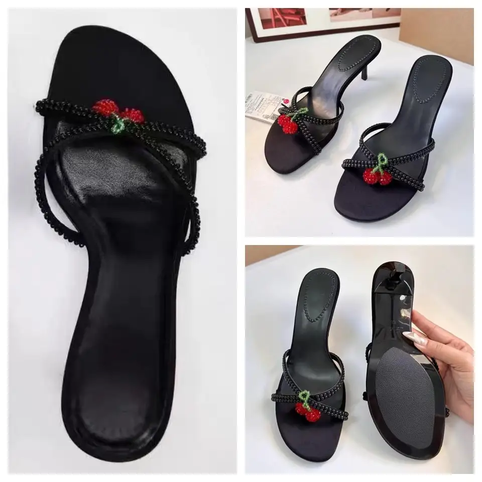 Traf Summer Women Women Cherry Bead String High podpätky Sandále Sexy Round Toe Peep Polder Polder Slider Sandals Female Stilettos vysoké podpätky