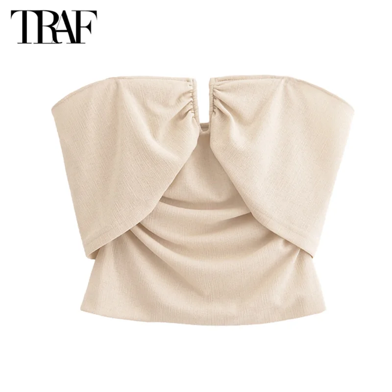 Traf Top Women Summer 2024 Off Ramen Tank & Camis orezaný Top Dámske dámske ležérne elegantné elegantné rukávy bez rukávov bez bazénových béžových tiel.