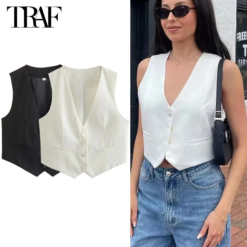 Traf White Black Dámska vesta orezaná bez rukávov Vesta Žena Streetwear Vesta Vesta Vesta Top ženy módne krátke vesty pre ženy
