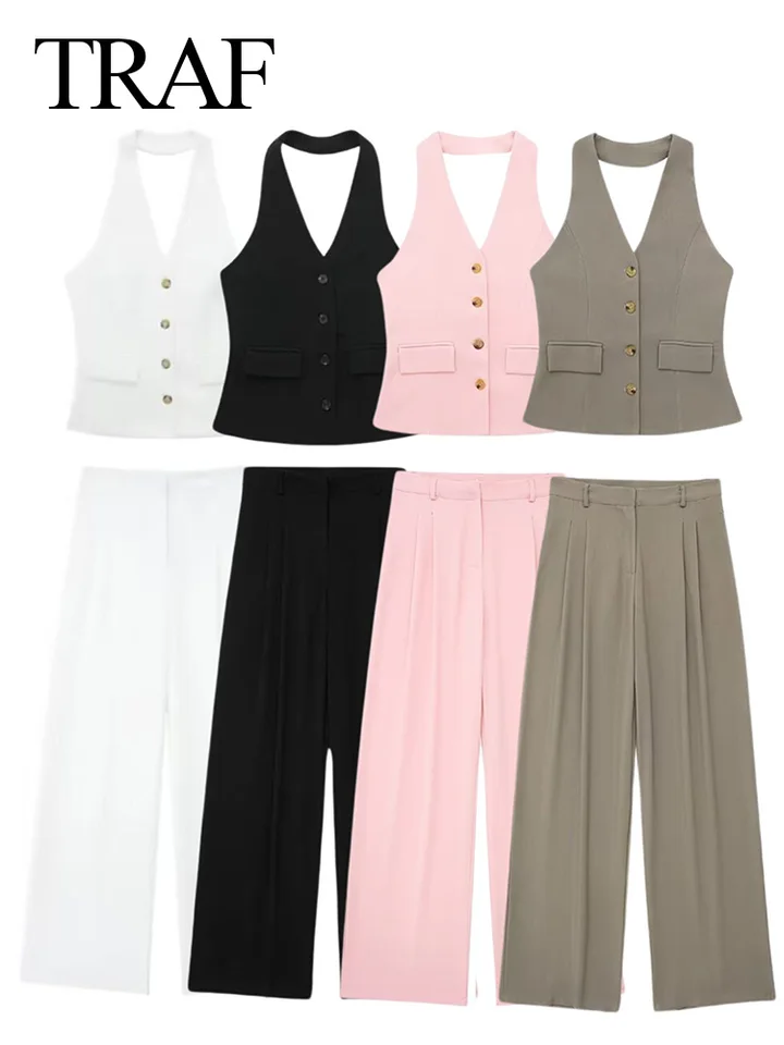 Traf Women 2-Peting Set Halter Neck Jednradu s vreckom bez rukávov HALTER HORKY+Vysoký pás zipsový zips široké nohavičky