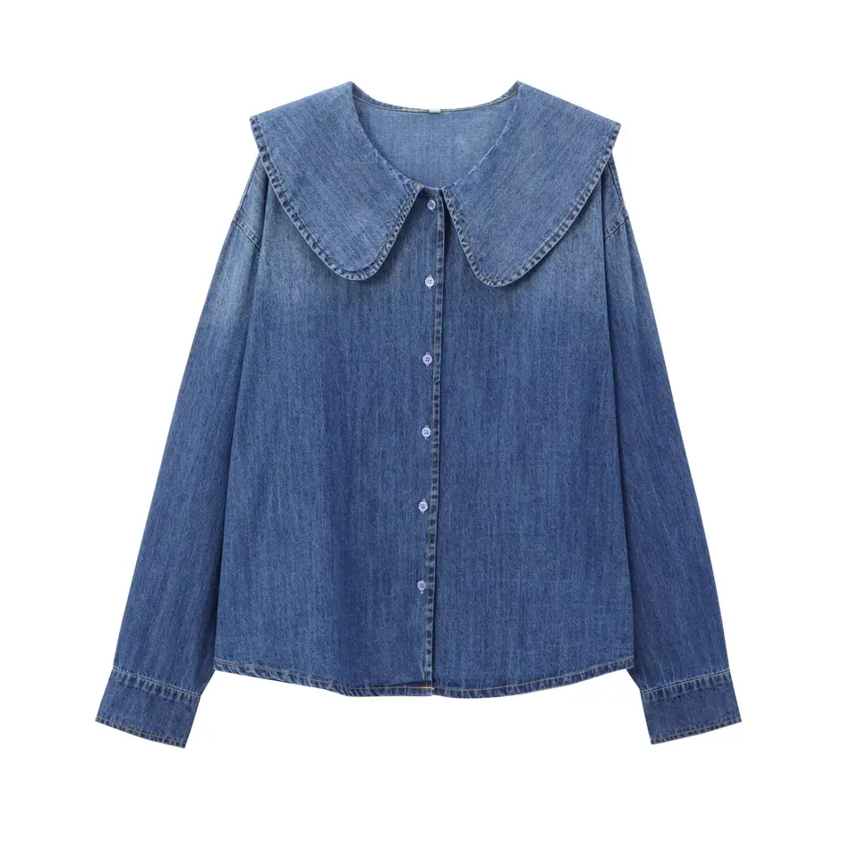 Traf Women 2024 Jeseň a zima Nový módny lenivý štýl Denim košeľa elegantné golierové goliere všestranné top blouses majer