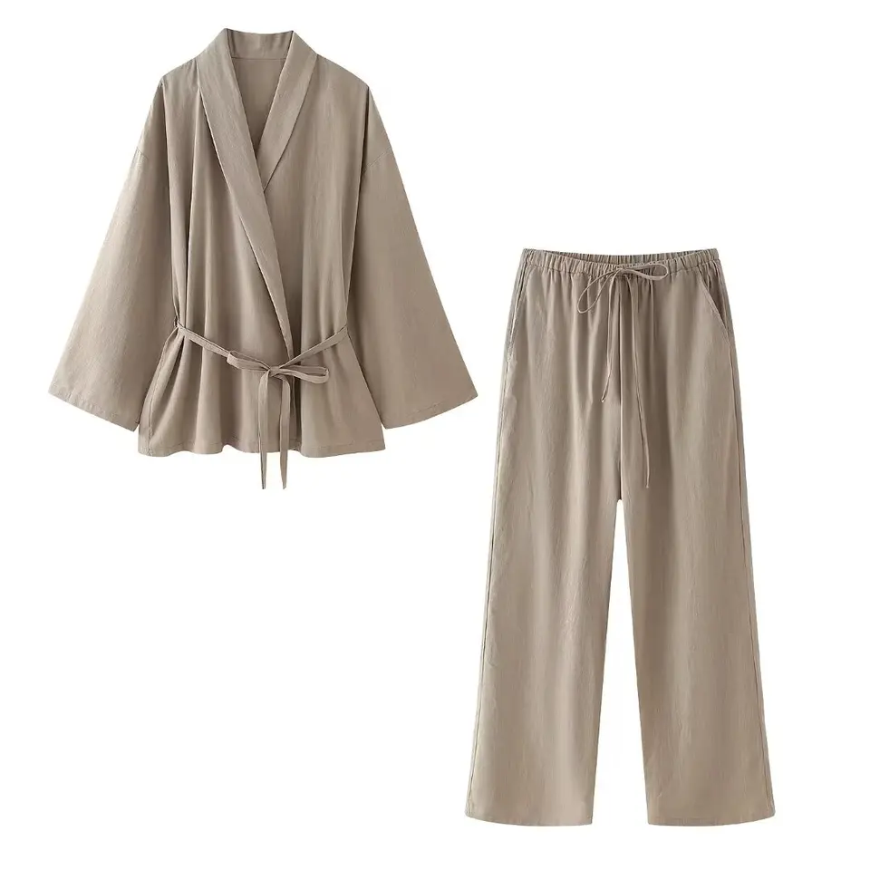 Traf Women 2024 Jeseň Nový módny textúrovaný štýl Lace-up Double Placket Kimono s dlhým rukávom, šnurovacie nohavice, oblek majer