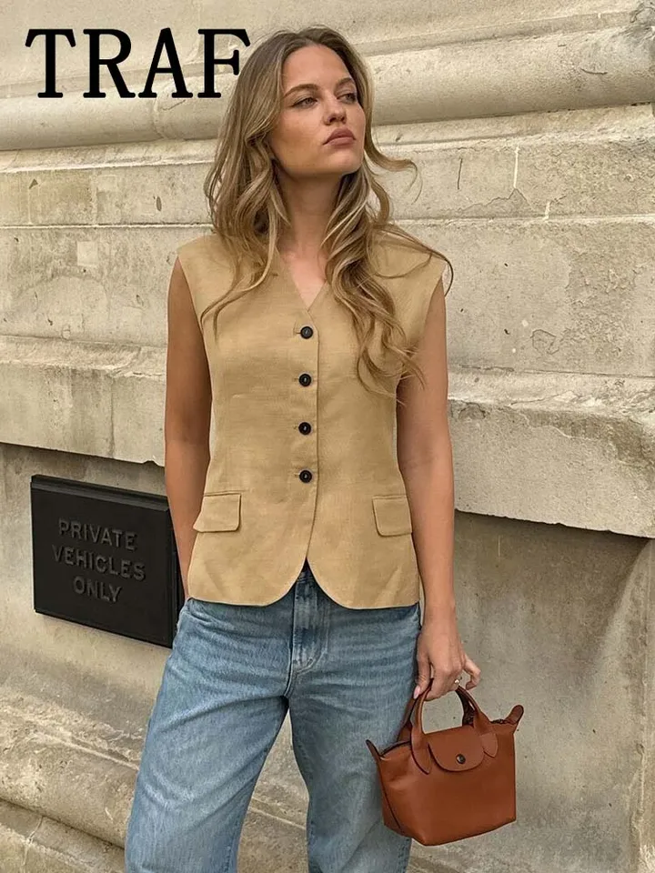 Traf Women Short vesta Nové módne gombíky Up Vesty pre ženy 2024 letné rukávy bez rukávov Streetwear Elegance Vysoky vesty