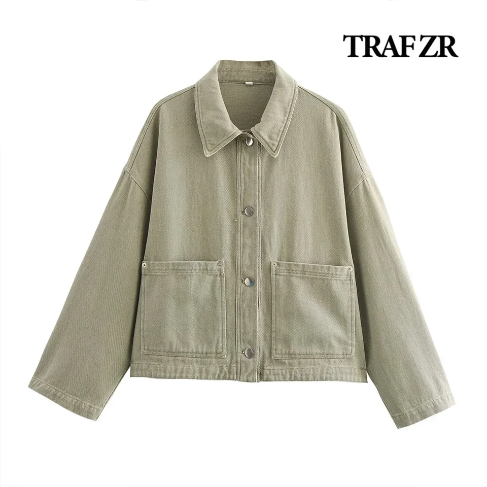 Traf Zr 2024 Jesenná denim bunda Ženy Nové vo vonkajších odevoch otočenie goliera Základný pohodlný džínsový džínsový horný predný kovový gombíkový kabát
