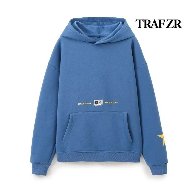 Traf Zr Ladies Hoodie Casy Loose Fit Tričká Jeseň y2k pow-tričko s dlhým rukávom padajúce tričká modré písmeno tlačené mikiny
