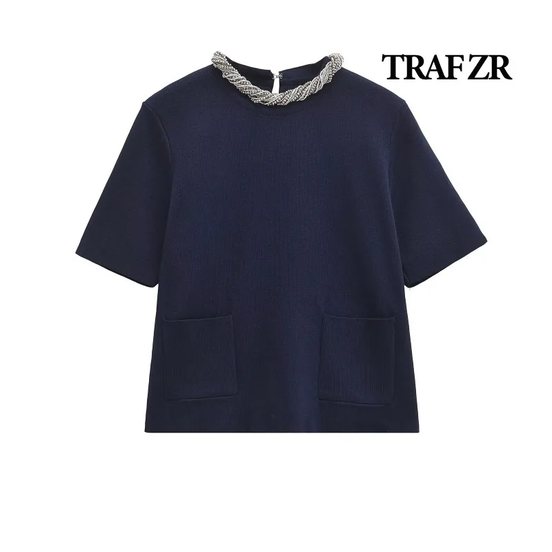 Traf Zr pletené tričko Elegantné vrcholy y2k neformálne tričko harajuku módne jesenné modré tričká korálky O-krk na krk na krátky rukáv tričká