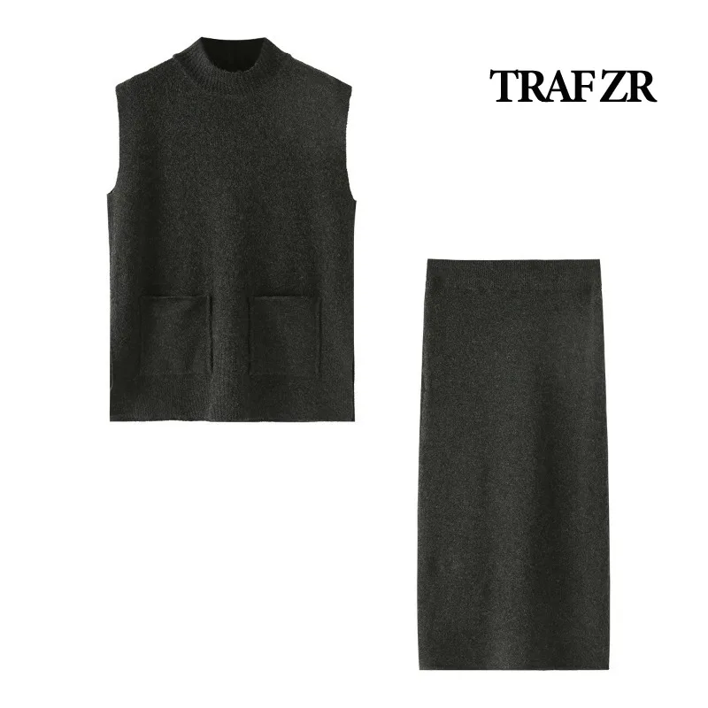Traf Zr sukňa set Žena dva kusy Príležitostné elegantné sivé pletené vesty súpravy Y2K Set Dámsky jesenný oblek bez rukávov bez rukávov