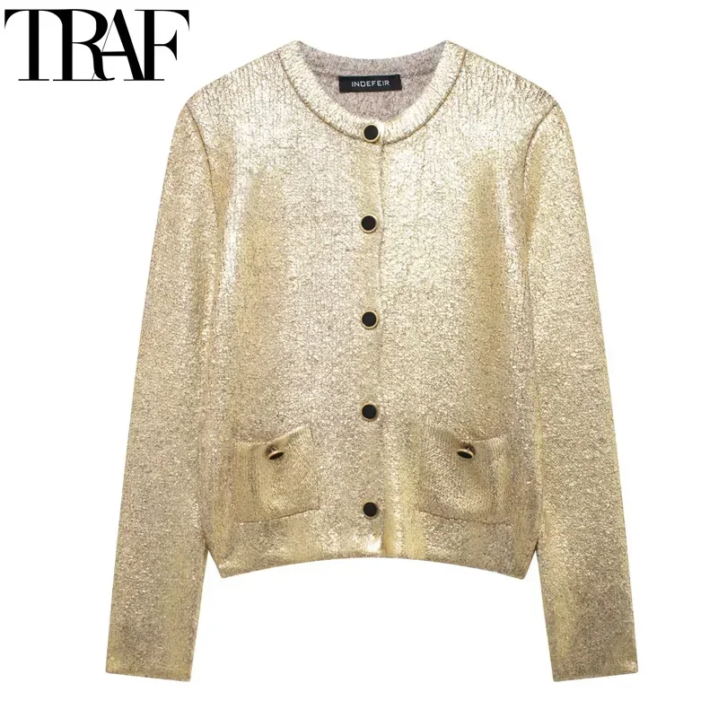 Traf ženy fóliou orezané svetrom Zlaté pletené sveter jesenné zimné zimné trblietky s dlhým rukávom Glitter Button pletene
