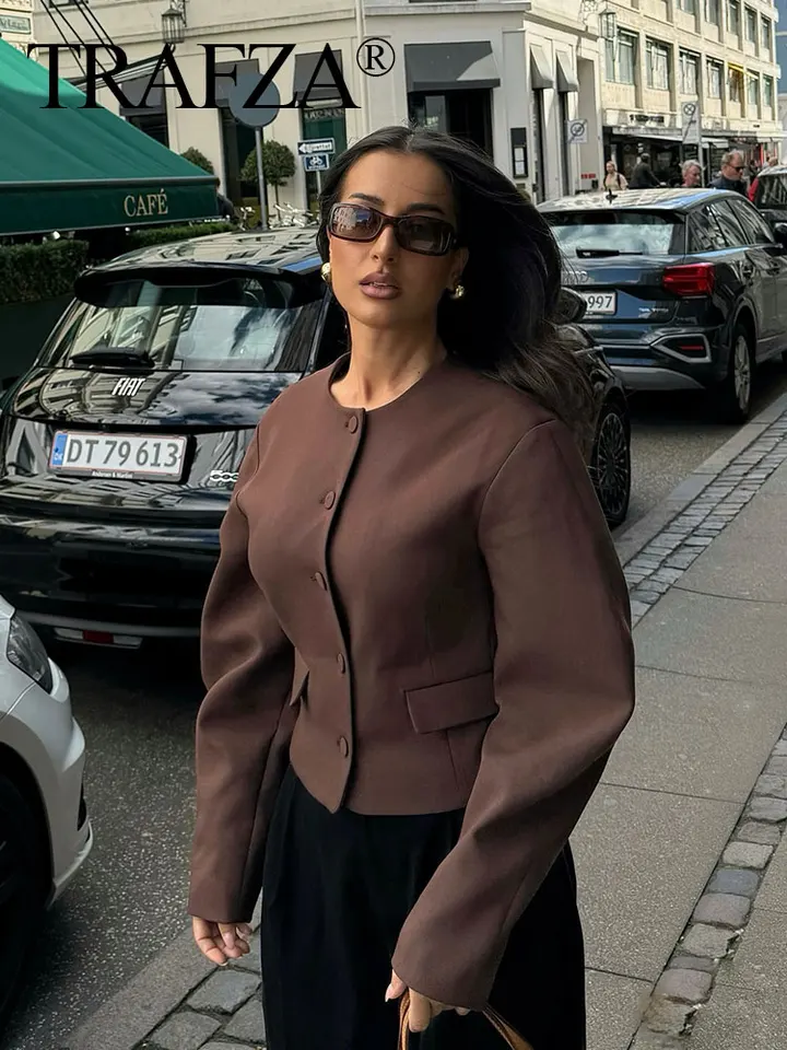 Trafza 2024 Autumn Fashion Blazer pre ženy s dlhými rukávmi s jedným prsiami fit o krk kabát top ženské elegantné streetwear