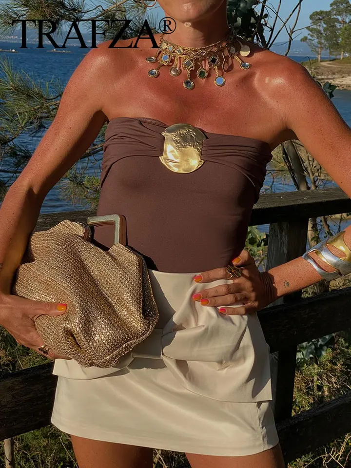 Trafza 2024 Žena letná vinobranie kombinézy bez rukávov bez rukávov kovový kovový dekoratívny backless Bodysuit Mujer Beach Party Sexy Onesies