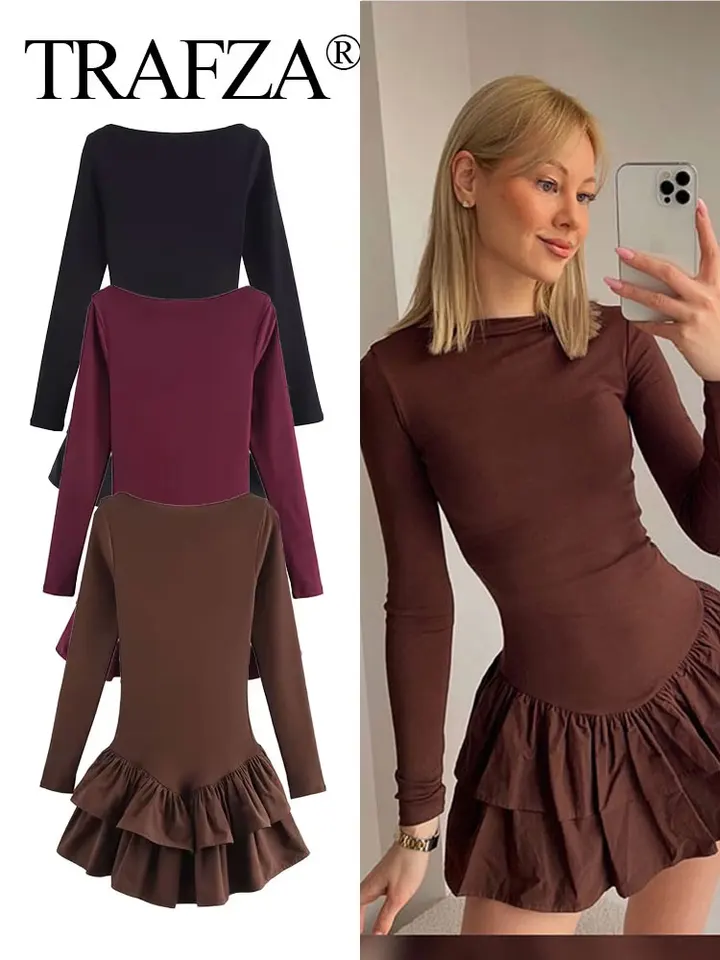 Trafza 2025 Dámske elegantné chudé mini šaty s dlhými rukávmi pevné člnové krk s nahrádzanými úrovňami Spring Fashion Party Chic Šaty