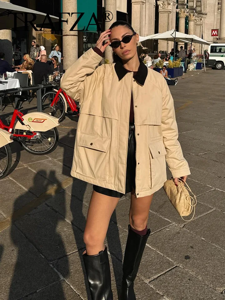 Trafza Dámska zimná móda vintage corduroy golier Čalúnený kabát Sámne s dlhými rukávmi voľné vrecká teplá vetruvou bunda majer