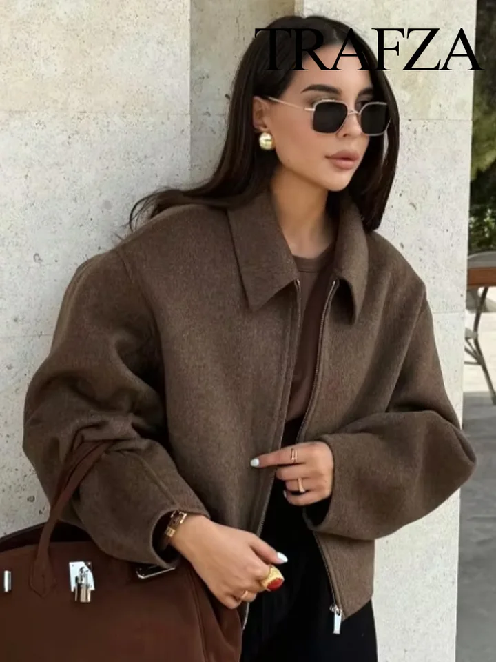Trafza jesenné ženy Elegantné hnedé masívne sfarbenie s dlhým rukávom zipsová bunda ženské vrecká na obojky