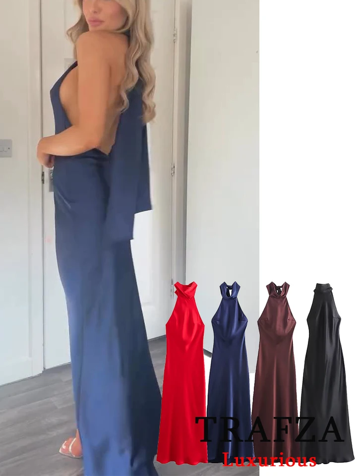 Trafza vinobranie príležitostné elegantné pevné dámske šaty šaty halter zips zips dlhé šaty móda 2024 na jeseň zima boho párty ženské šaty