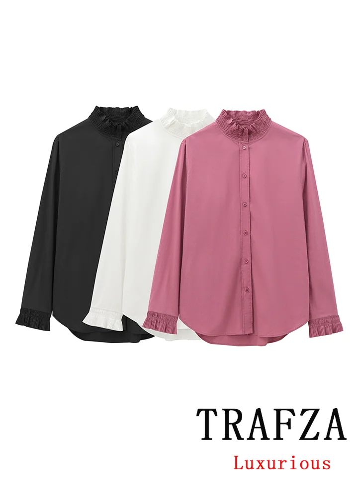 Trafza Vintage Casual Chic Dámsky blúzka Solid satén s dlhým rukávom stojan na obojok single Blúzka móda 2024 jesenné košele