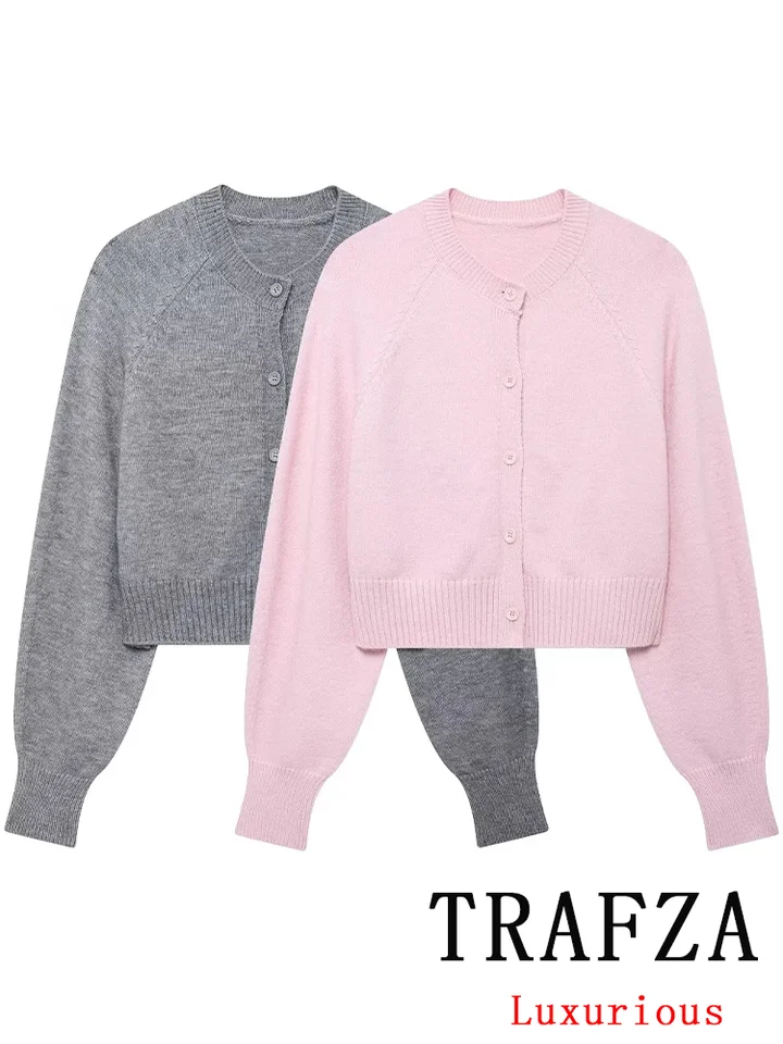 Trafza Vintage Casual Chic Dámsky sveter Solid O-krk s jedným dojčeným pleteným pleteným svetrom módne módne 2024 jesenné svetre