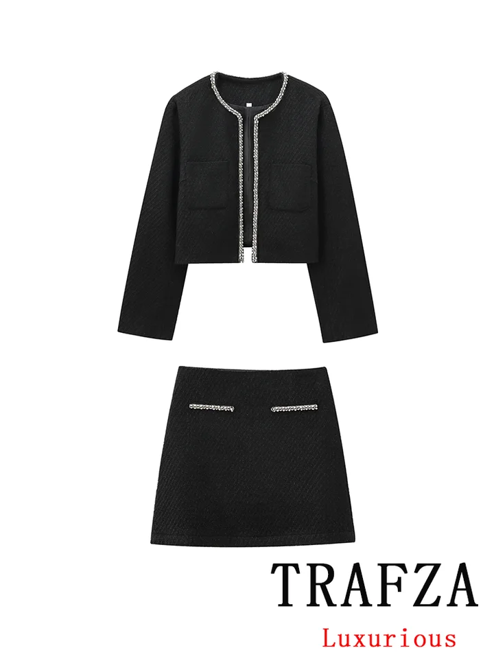 Trafza Vintage Casual Solid Solid Women Slid Black Suit O-Neck Blazer Mini rovná sukňa Nová móda 2024 Jeseň zimné obleky