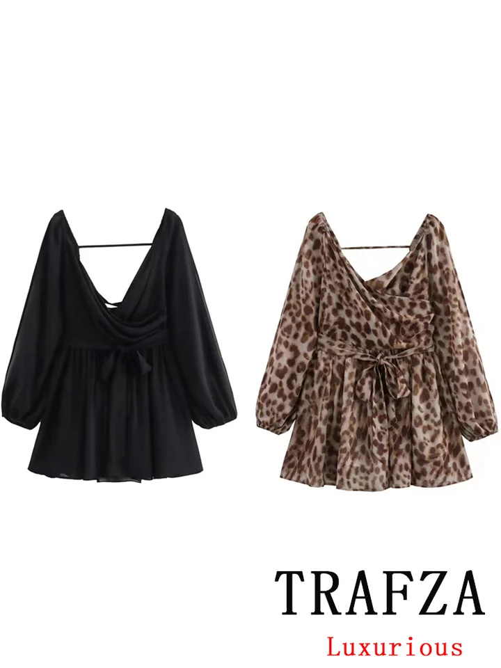 Trafza Vintage Sexy Chic BodySuits Leopard V-Neck dlhý rukáv s dlhým rukávom BodySuits New Fashion 2024 letné ženské kombinézy