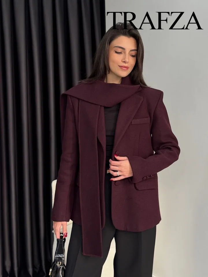 Trafza Winter Woman Elegantné klope Outwear Outwear Dámske šatky Collar Coat Coat s jednovrstvou vreckovky s dlhým rukávom Loose Coat
