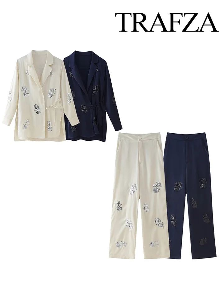 Trafza Women 2 -Piece Suit Flitrované hodvábne saténové vreckové nohavice+Flitrované šnurované hodvábne saténové oblek Golier s dlhým rukávom