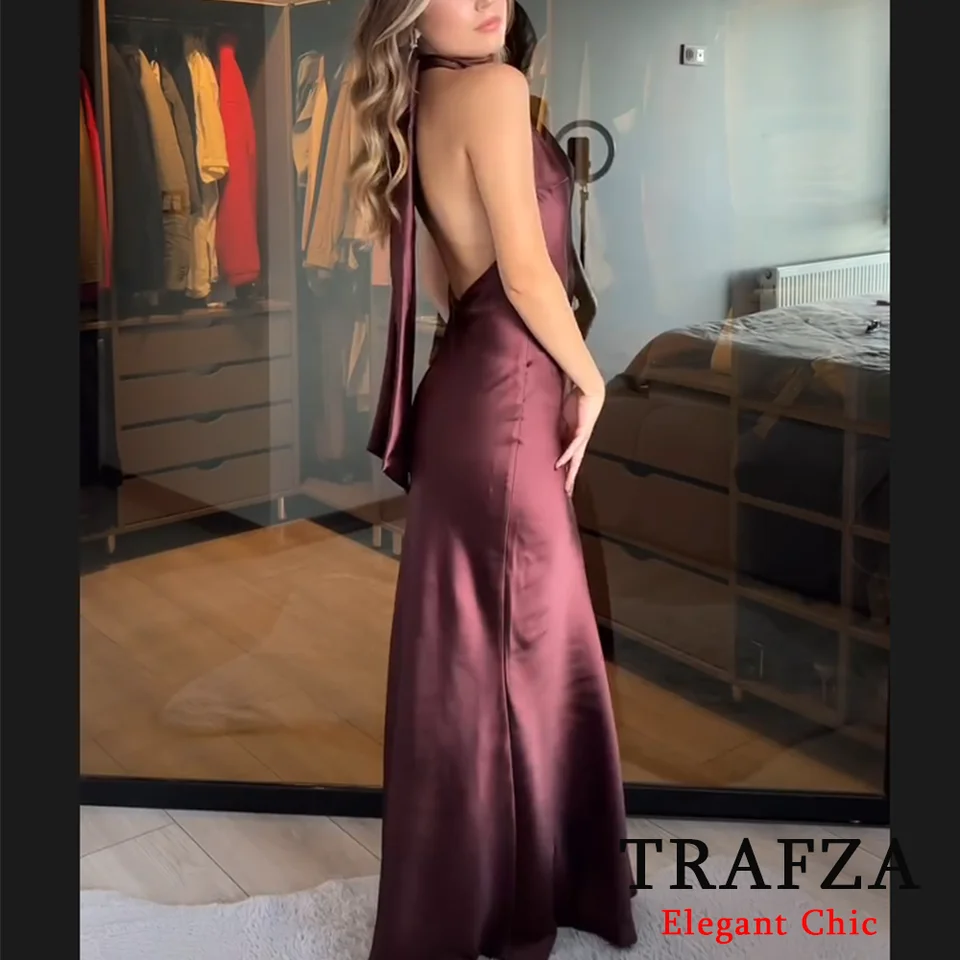 Trafza-women Elegantné zamatové alebo saténové šaty bez spätných šaty Halterneck Sexy šaty Nové 2024 Jeseň zimné módne dátum Slim Dress