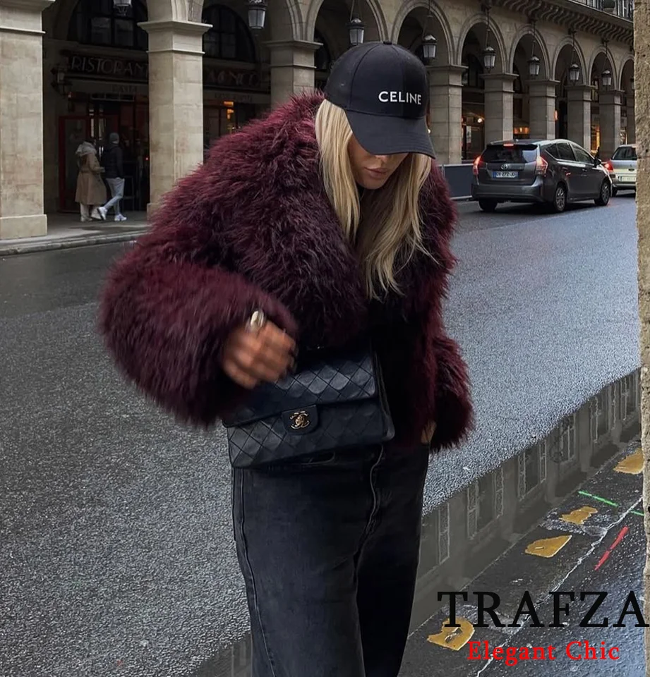 Trafza-women Fashion Winter Solid Solid Big LaPel Coat Faux Curr Coat Bunda New 2025 Jeseň zimná slouchy burgundská čierna šedá kabát