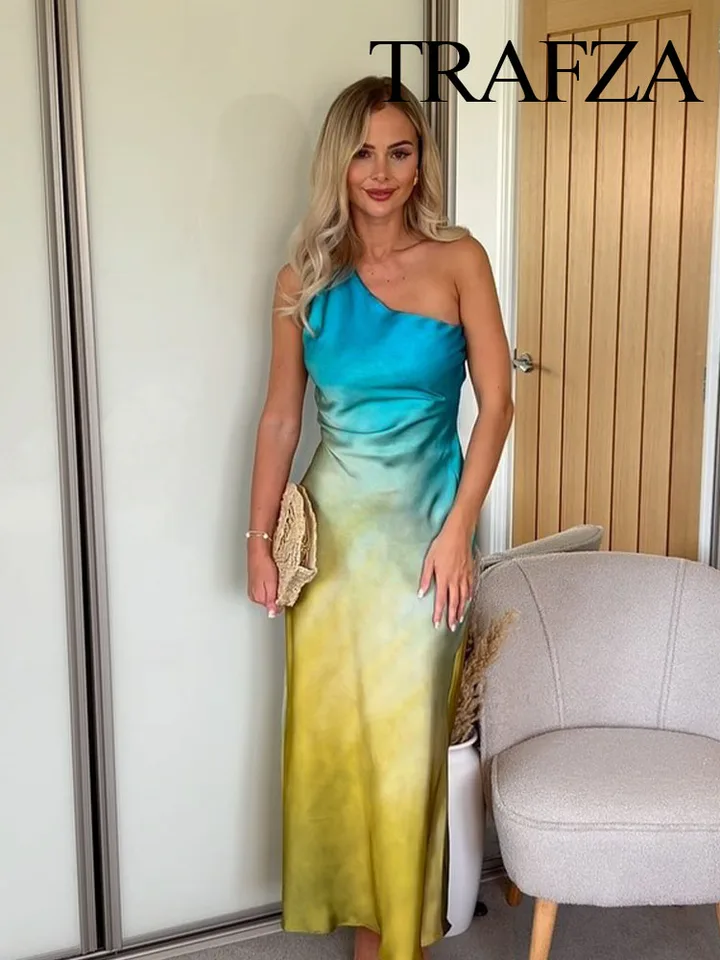 Trafza žena letný módny vintage gradient mimo ramena šaty ženské kravaty Sexy záhyby