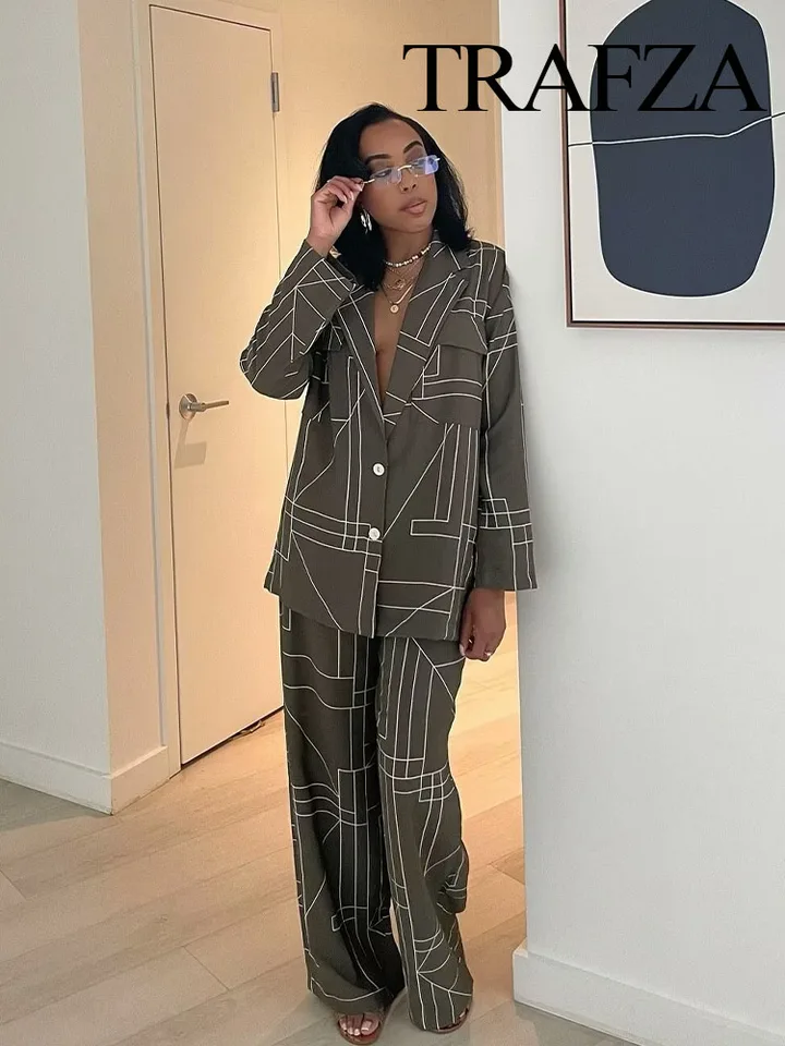 Trafza ženská dvojdielna armáda Green Geometric Print Lafe Office Blazer + Vysoký pás zips neformálne široké nohy Priamy nohavice