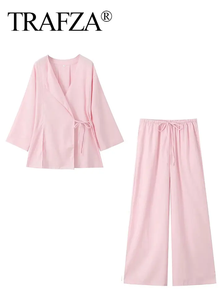 Trafza ženy Elegantné ružové nohavice obleky Kimono Style Tirkera Lace Up Blúzka Lace Up Loose Loose Replace nohavice ženské módne streety