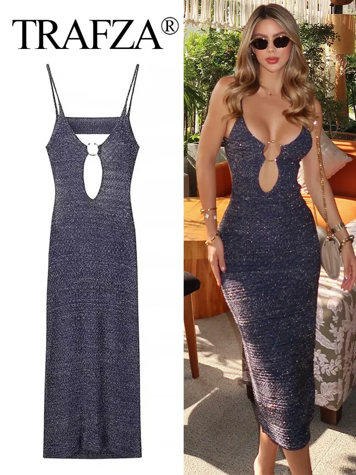 Trafza Ženy letný solídny otvárací dizajn backless šaty dámska elegantná spona dekorácie bez rukávov pletené podväzky šaty majer