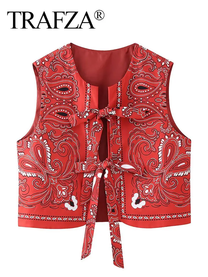 Trafza ženy móda paisley tlačová vesta predné luky šnurovanie o krk národný štýl vesty bez rukávov bez rukávov vesty na vestu Chic Red Top