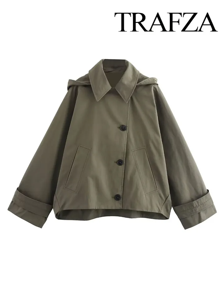 Trafza ženy móda Windbreaker Solid-Down Down Down Ruckets vrecká s jednou dojčenou jesennou ležérou voľným plášťom