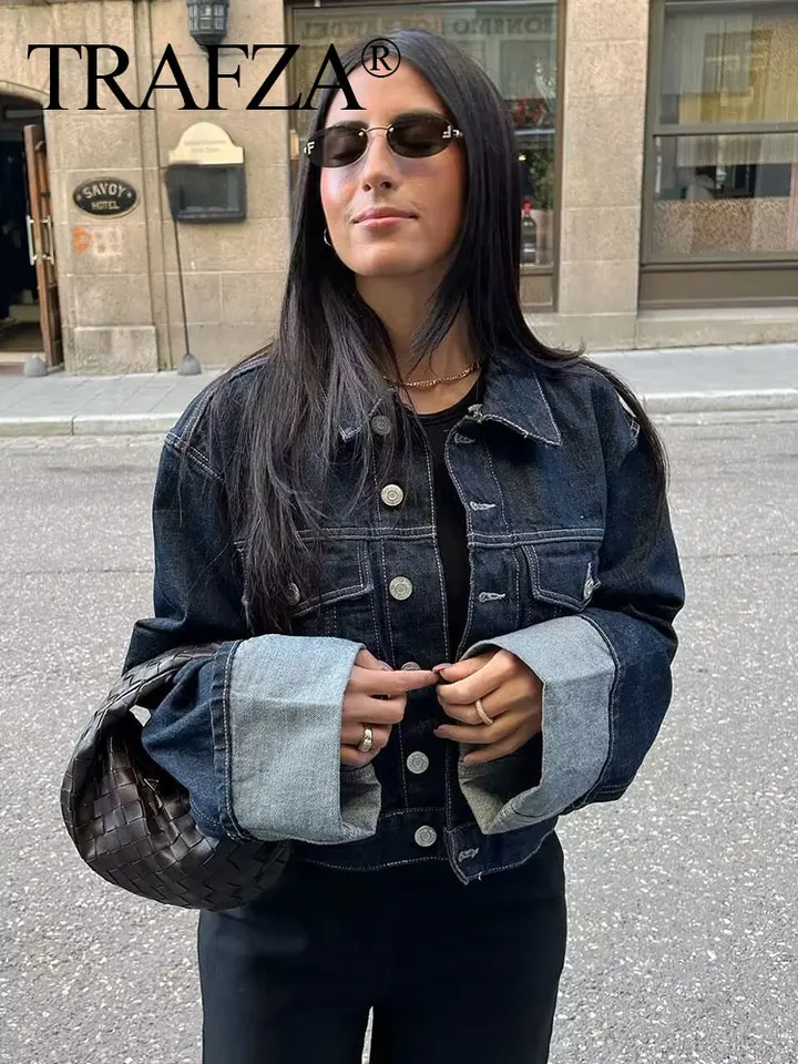 Trafza ženy vintage džínsová bunda s jedným prsiami klop s dlhým rukávom s vreckami tmavo modrá denim bunda módna High Street Street