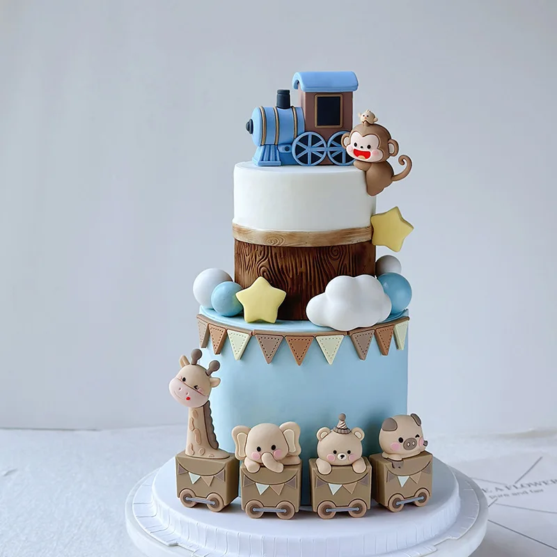 Train Cake Topper Brown Animal Trains, žirafa, medveď, slon, opica pre deti šťastné 1. narodeniny pre bábätká Party Dodávky