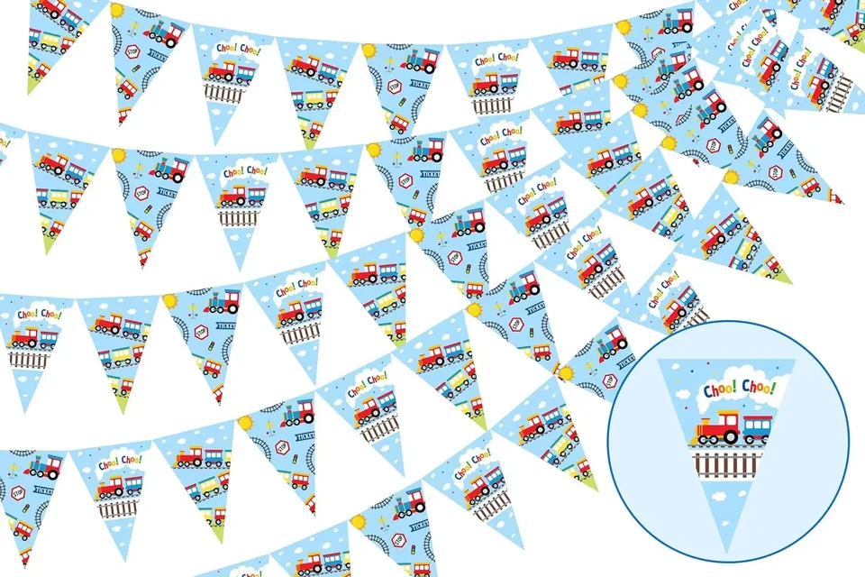 Train theed Pennant Banners, železničná značka, vlaková para, choo choo, vlajky trojuholníka, dekorácia narodeninových oslavy, vnútorné a vonkajšie