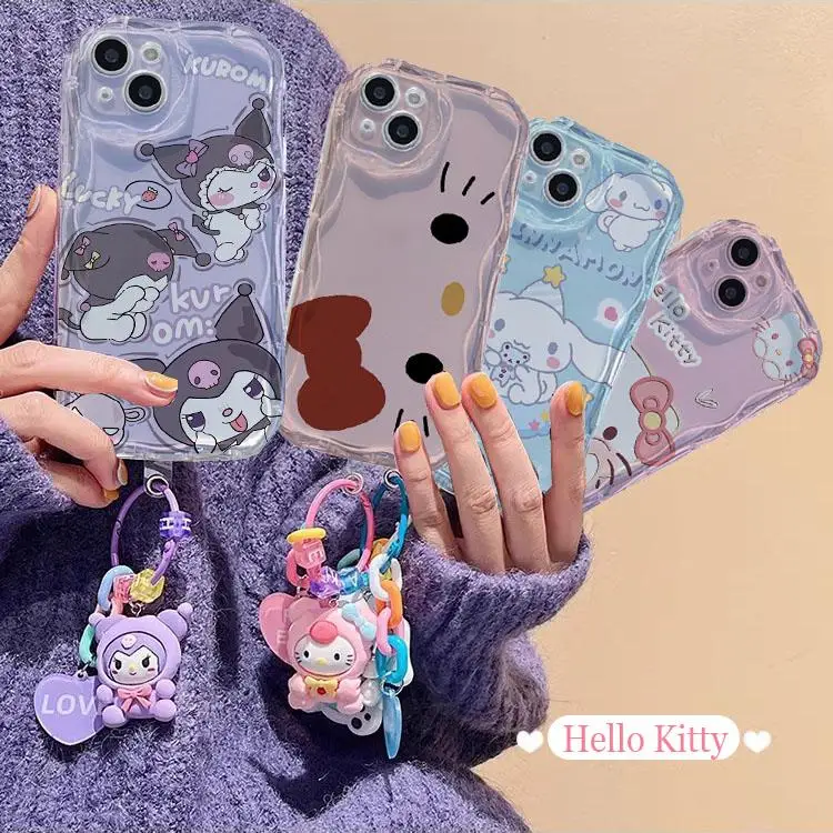 Transparentné Hello Kitty Kuromi s reťazovým puzdrom pre Realme 11 12 Pro Plus 13 Pro Max Note 60 C63 C67 C65 C53 Cover Silikone