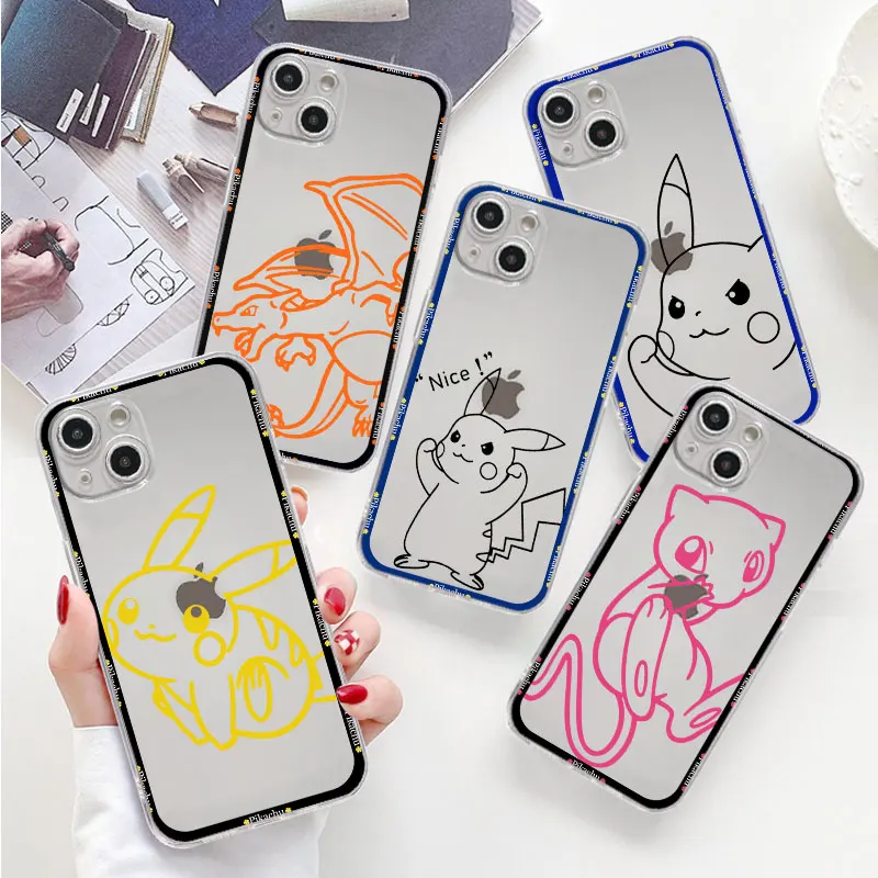 Transparentné puzdro na mäkký telefón pre iPhone 13 Pro 14 Plus 11 Pro Max XR 7 6S 8 12 15 Mini SE X XS Pokemon Pikachu Cover Coque Coque