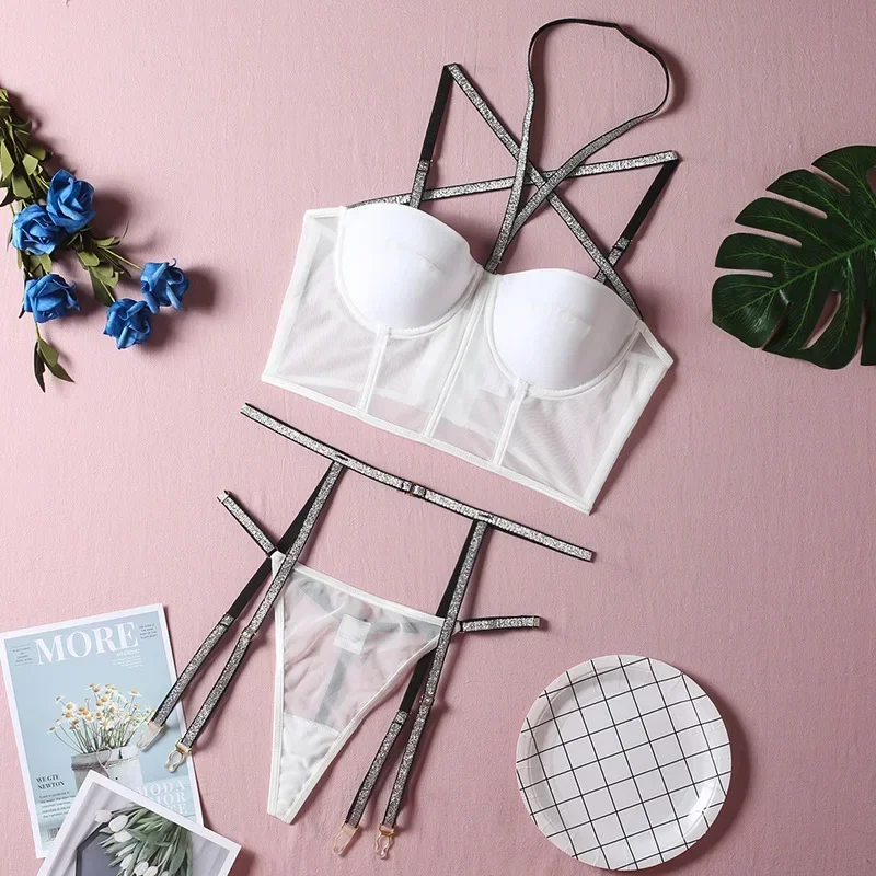 Trblietavé popruhy hodvábne vyplnené šálkou 3 kusy sexy číre spodná bielizeň Sada Push Up Bra Mesh Bustier Bustier Bustr Striapt Strappy Susenders