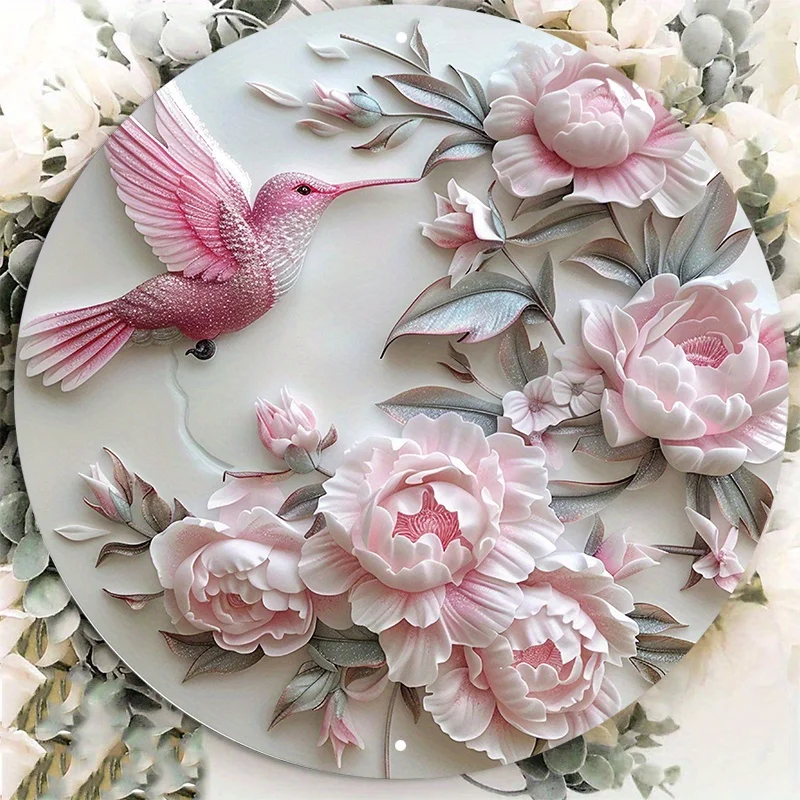 Trblietavé ružové trblietavé trblietky Hummingbird Kov kovové znaky, odolný hliník, vodotesný a vyblednutý odolný, kruhový dekor steny, 8x8in, 1pc