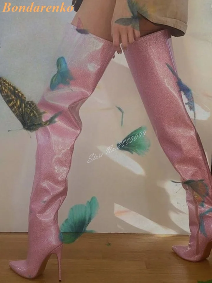 Trblietavý ružový stehno vysoké topánky špicaté špičky päty päty pevné zipsové dlhé topánky Ženy sexy topánky Nový štýl Zimná párty móda