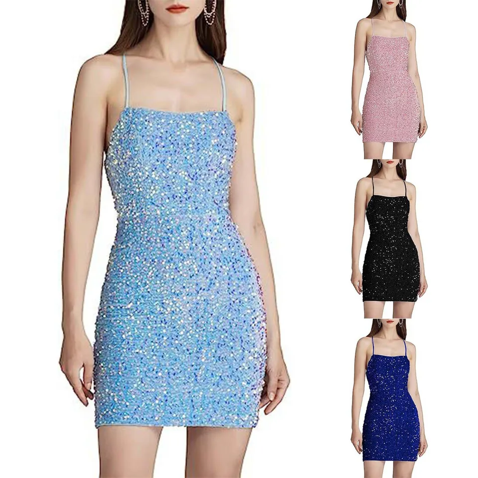 Trblietky Slidňou bez rukávov Slip Dress Dámske večierok Klub oblečenie Skinny Slid Color Krátke šaty Low Cut Sexy zabalené bedrové mini šaty